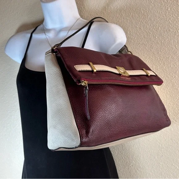 Kate Spade Plum Cream Leather Shoulder Bag Zip Top Flap Gold - Picture 11 of 16